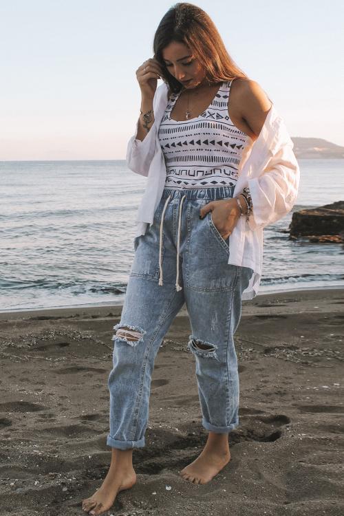 Women's Jogger Featuring Hole Denim Sky Blue Gather Round Distressed Pocket-Detail