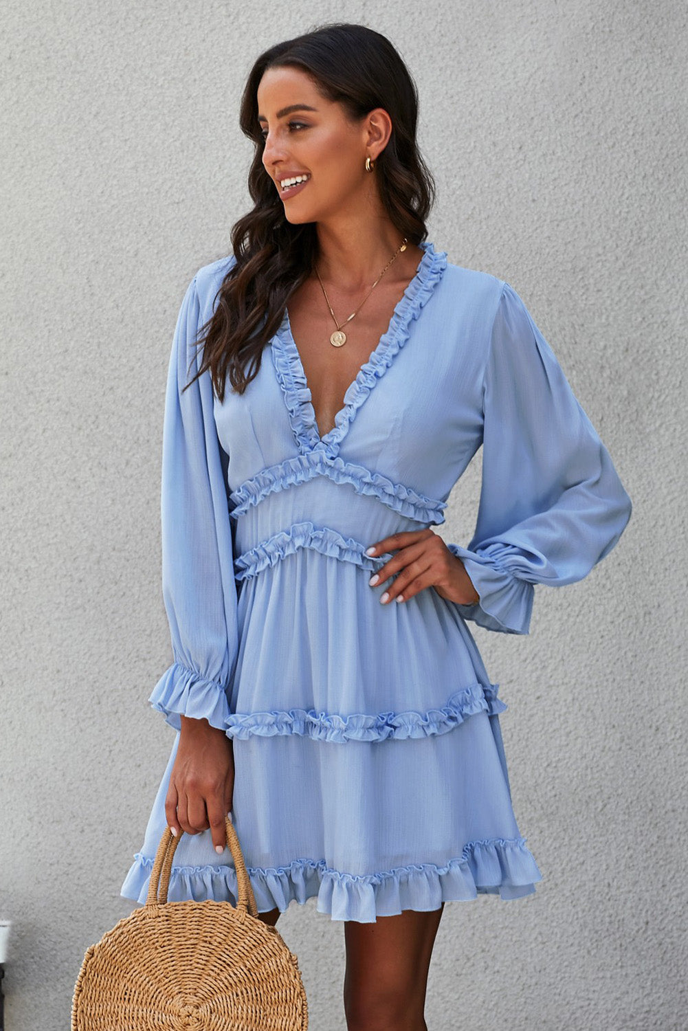 Women's Dress Featuring Ruffle-Trimmed Detailing Open-Back Long-Sleeve Sky Blue V Neck