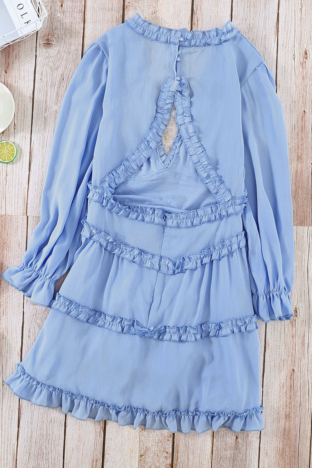 Women's Dress Featuring Ruffle-Trimmed Detailing Open-Back Long-Sleeve Sky Blue V Neck