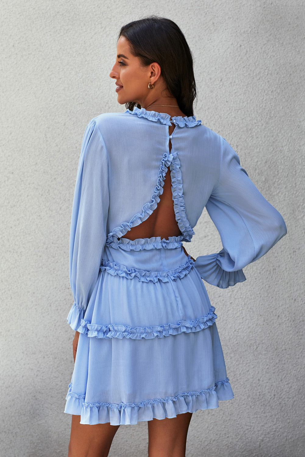 Women's Dress Featuring Ruffle-Trimmed Detailing Open-Back Long-Sleeve Sky Blue V Neck