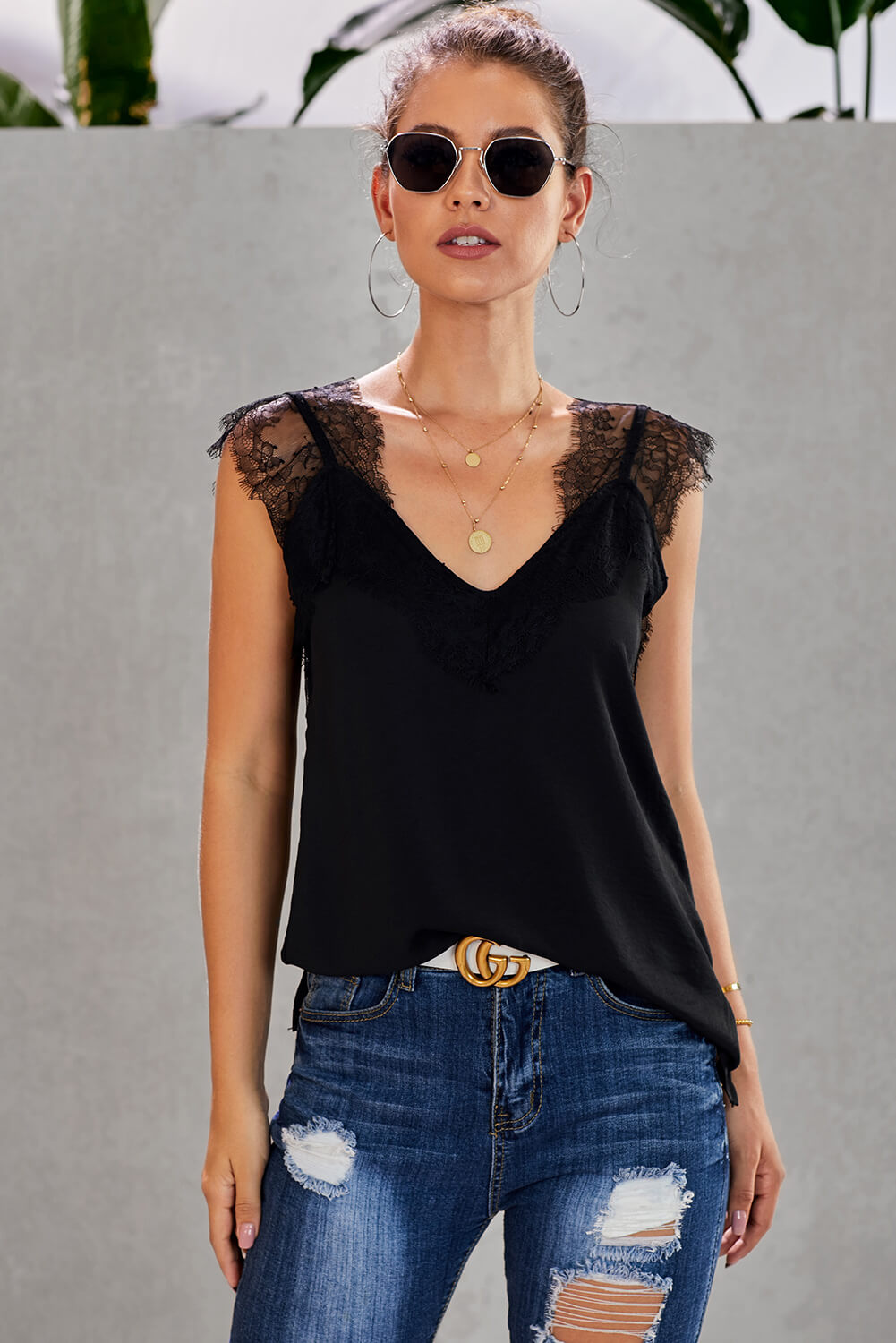 Women's Tank with More Night Lace-Trimmed Camisole Spaghetti Strap Black One