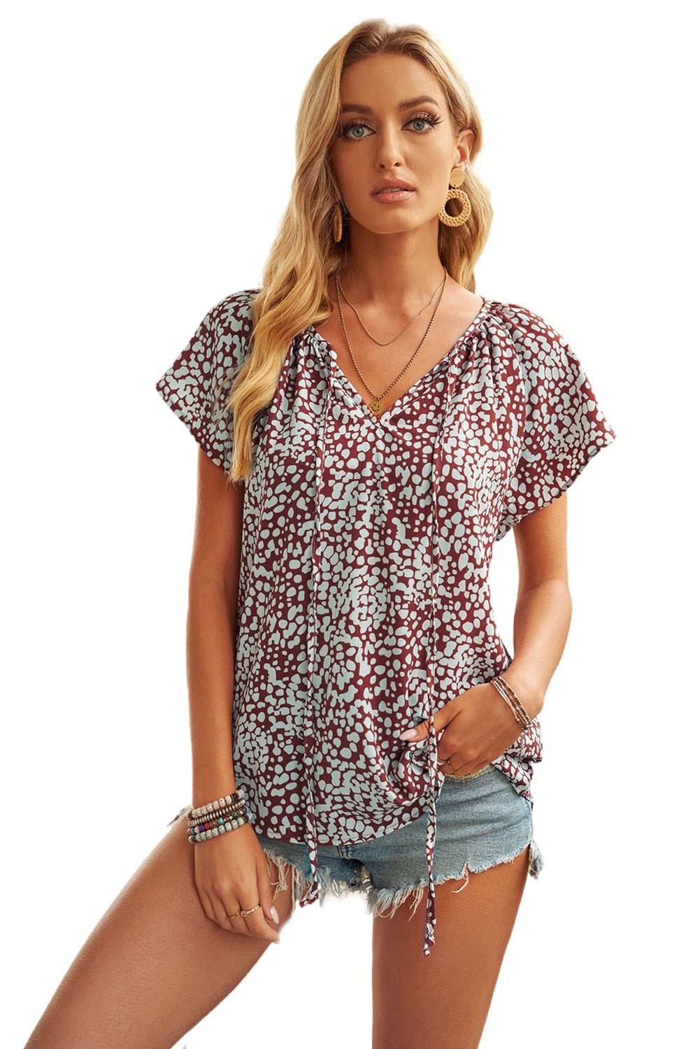Blouse for Women Summer Brown V-neck Short-Sleeve Fashion Print Fantasy Fluttering