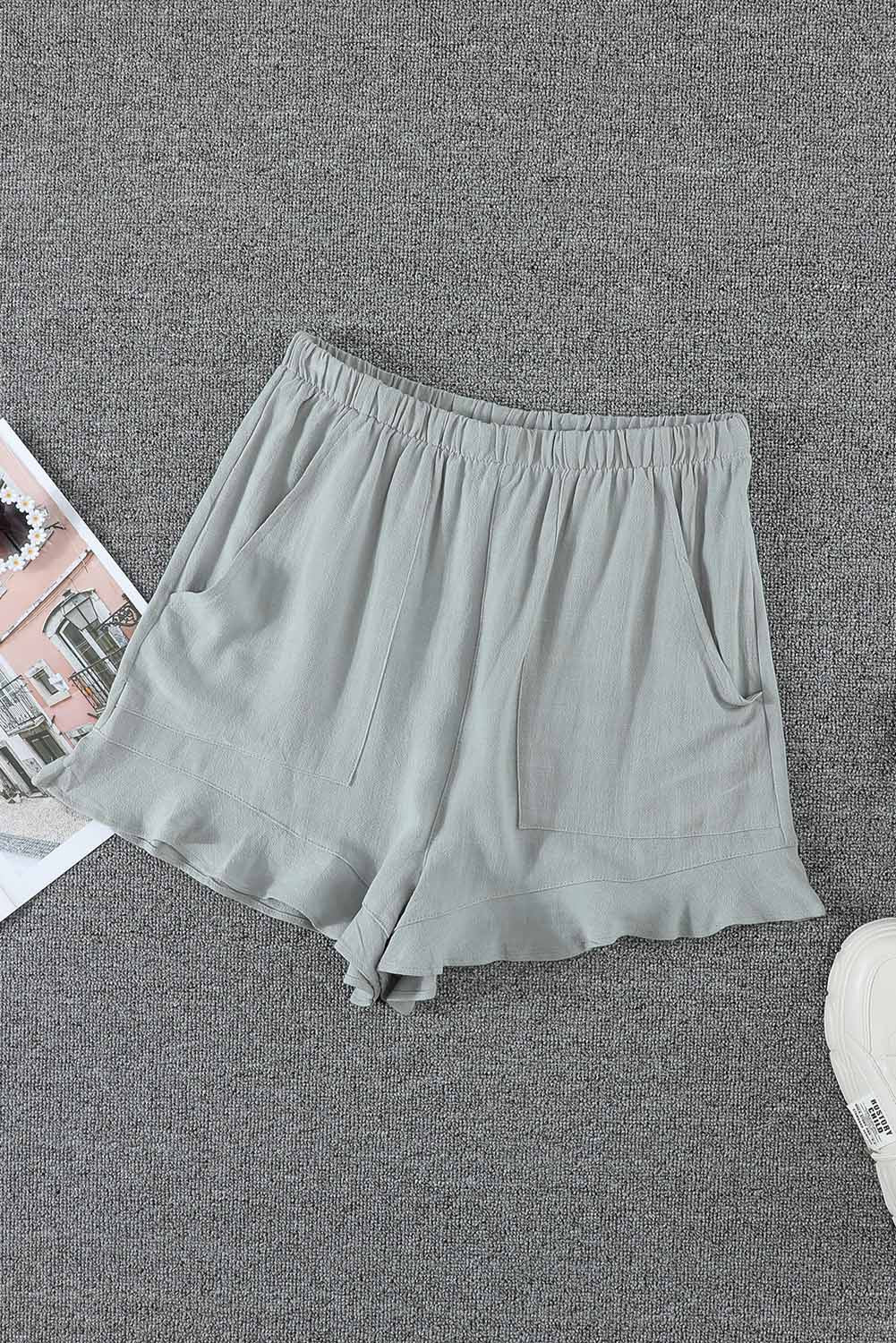 Women's Shorts Featuring Summer Gray Blue Pocket-Detail Flutter Linen Cotton