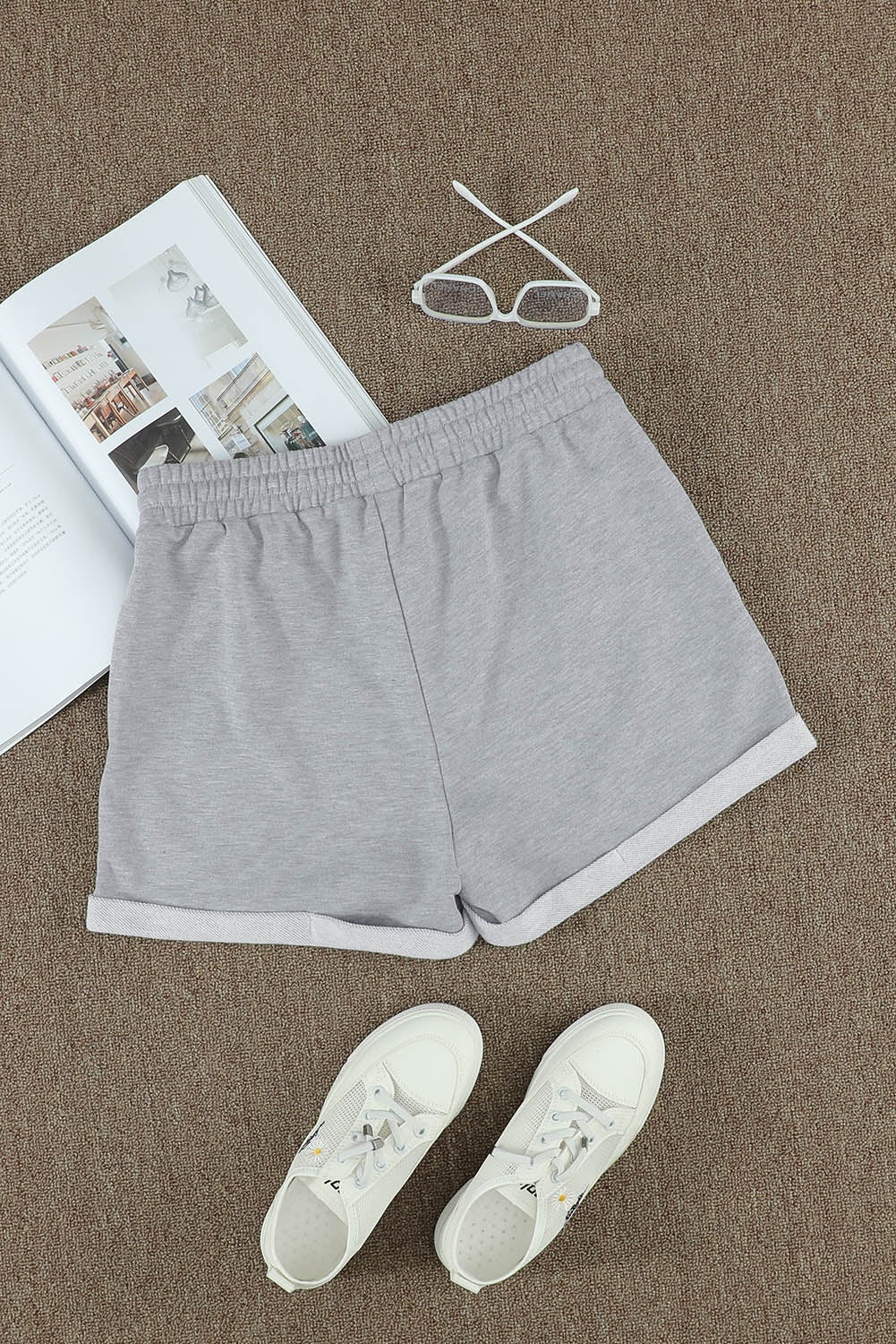 Women's Shorts with Summer Women Gray Tie Waist Side Pockets Cuffed Lounge