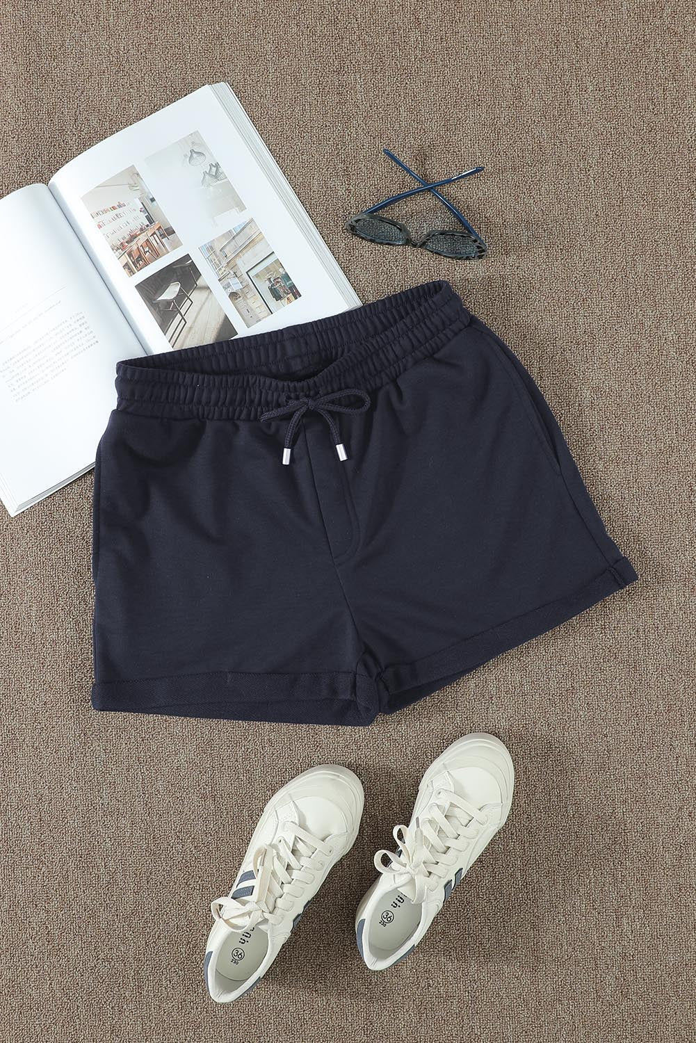 Women's Side Pockets Cuffed Lounge Summer Women Navy Blue Tie Waist Shorts