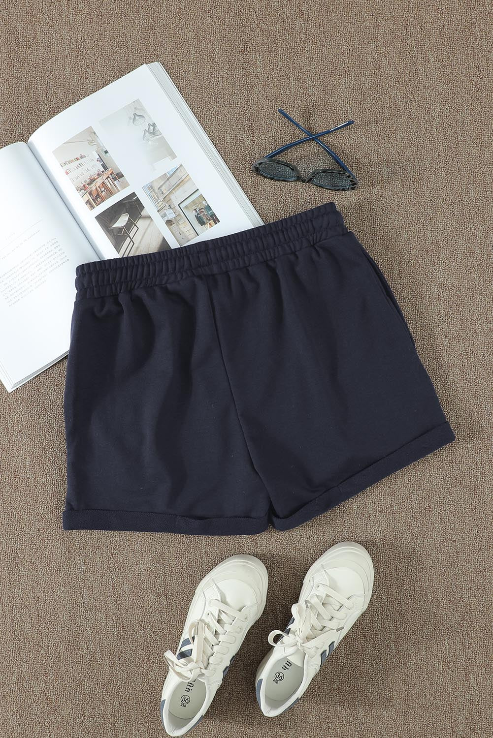 Women's Side Pockets Cuffed Lounge Summer Women Navy Blue Tie Waist Shorts