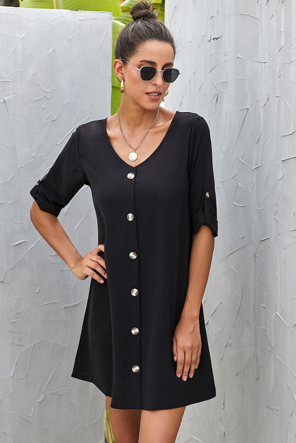 Women's Dress with Button Front Roll up Tab Sleeve Black Everyday V Neck