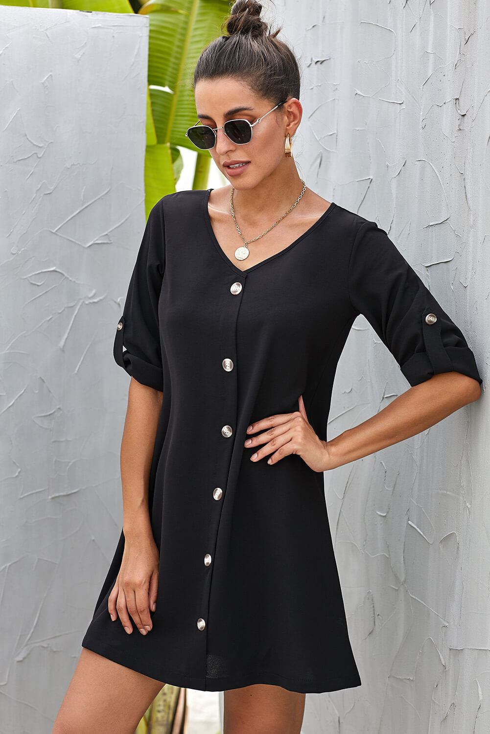 Women's Dress with Button Front Roll up Tab Sleeve Black Everyday V Neck