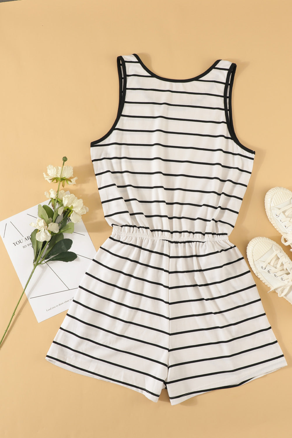 Women's Whit Black Striped Sleeveless Lounging Romper