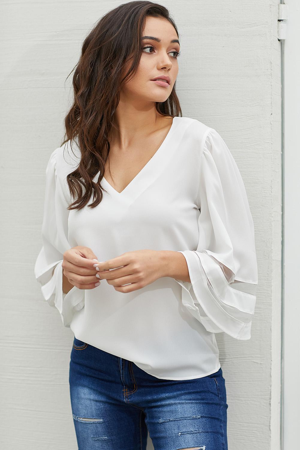 Women's Blouse Featuring White Flare Sleeve V Neck Loose Women's Chiffon