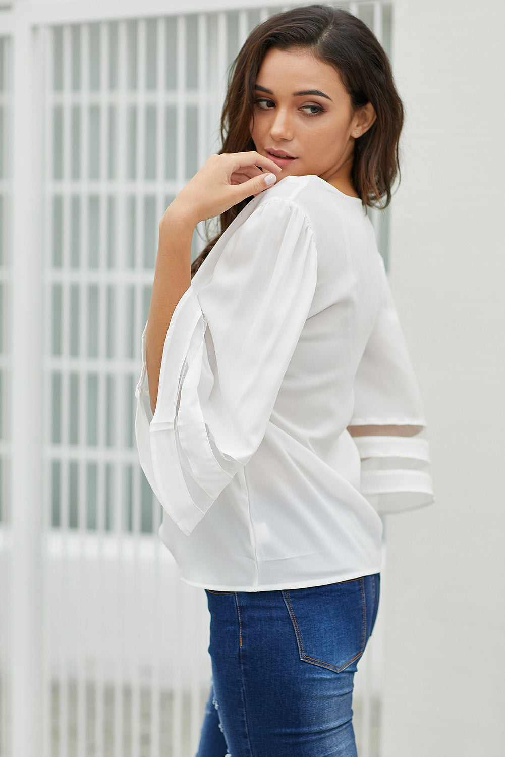Women's Blouse Featuring White Flare Sleeve V Neck Loose Women's Chiffon