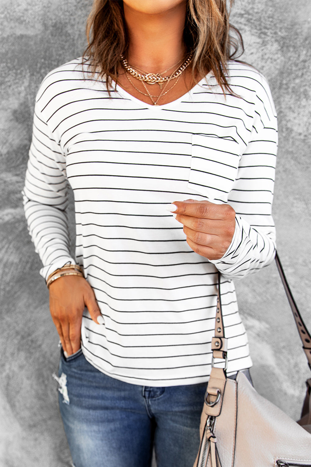 Women's Top with Long-Sleeve Striped V Neck