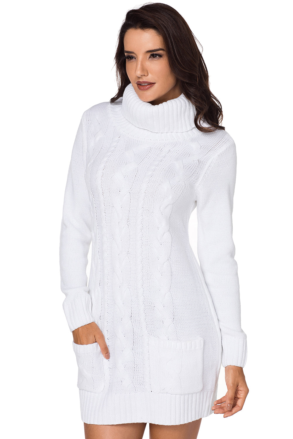 Women's White Cowl Neck Pocket Cable Knitted Sweater Dress