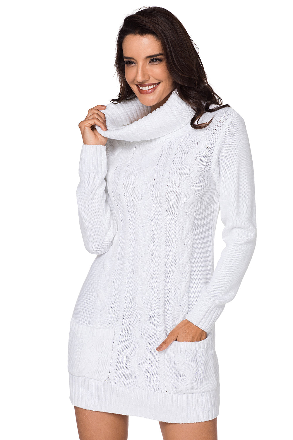 Women's White Cowl Neck Pocket Cable Knitted Sweater Dress