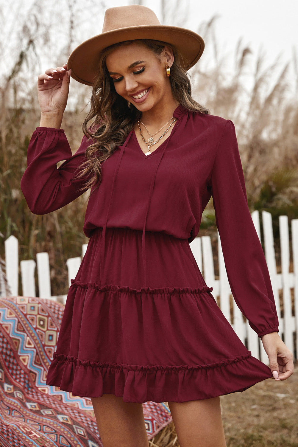 Women's Mini Dress with Wine V Neck Long-Sleeve Ruffle-Trimmed Layered