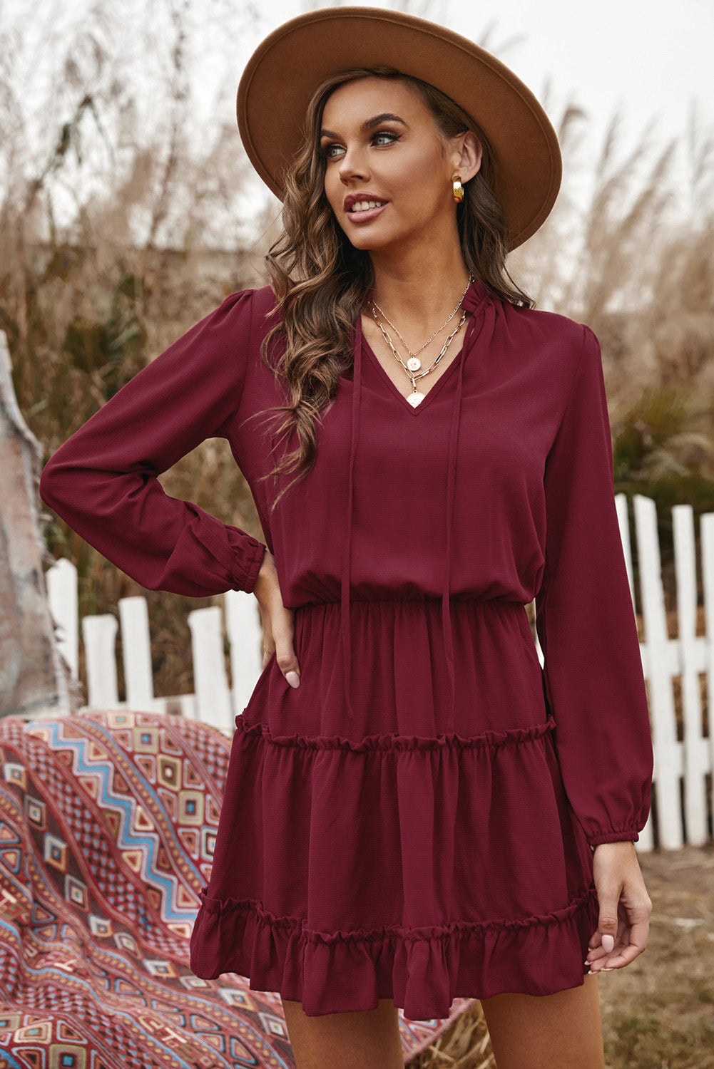 Women's Mini Dress with Wine V Neck Long-Sleeve Ruffle-Trimmed Layered
