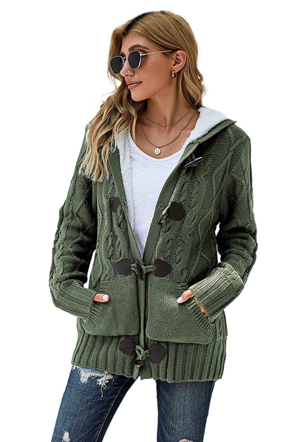 Women's Cardigan Featuring Winter Army Green Fur Hood Horn Button Sweater
