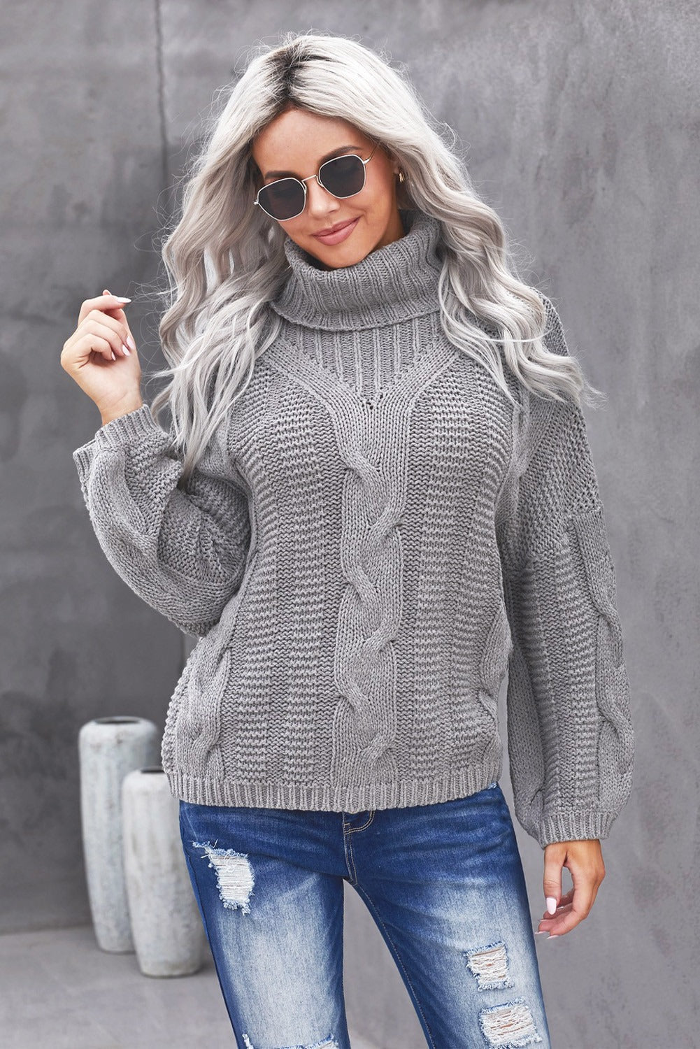 Women's Sweater Featuring Textured Winter Gray Oversize Turtleneck