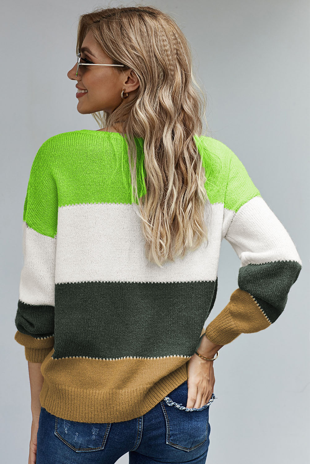Women's Sweater Featuring Pullover Color-Block Winter Green