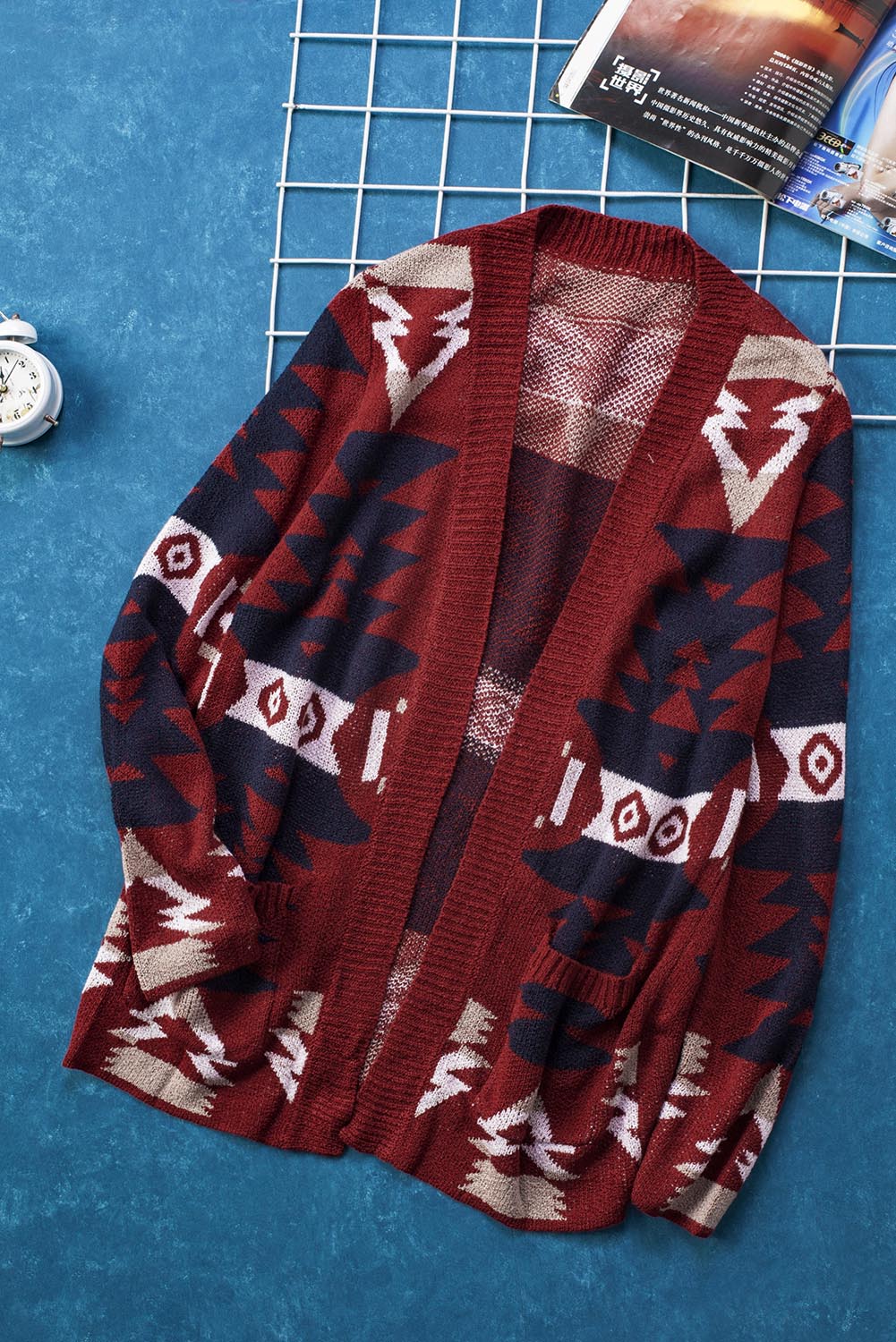 Women's Winter Red Moraga Pocket-Detail Aztec Cardigan