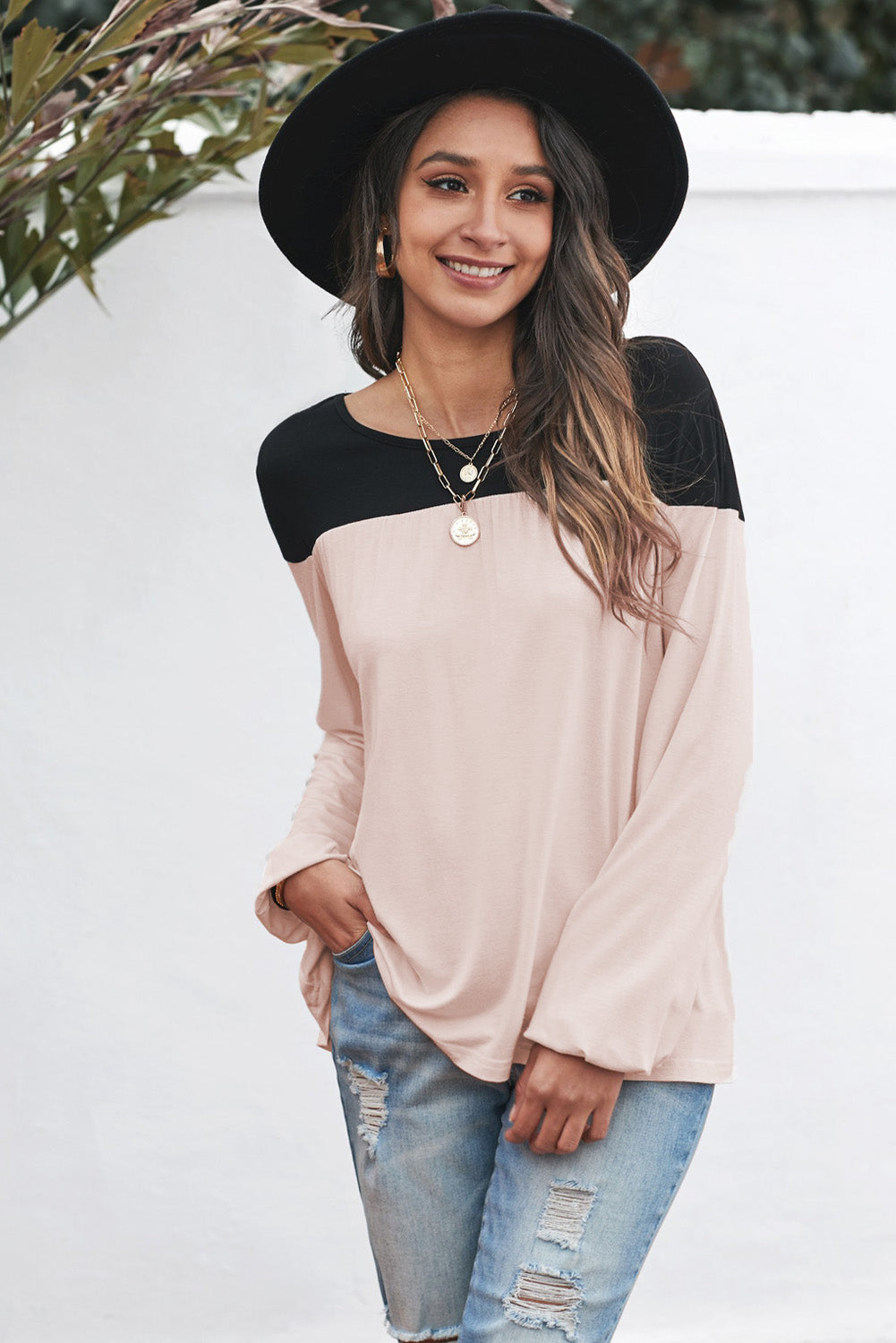 Women's Long-Sleeve Color-Block Tunic Women Apricot Round Neck Top