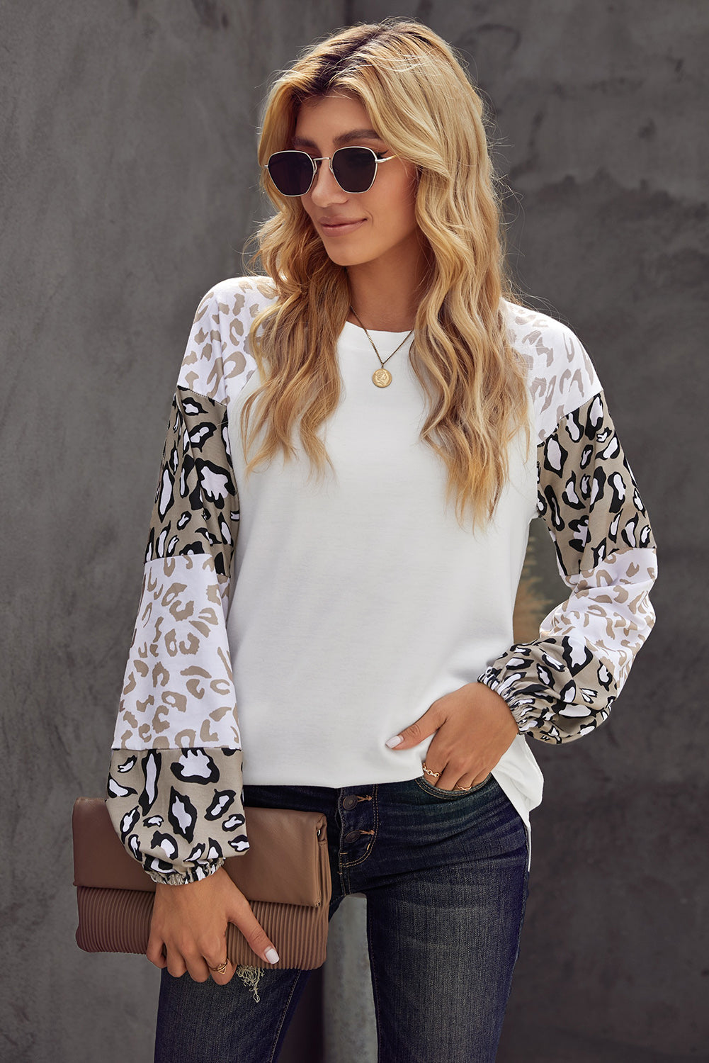 Women's Women Beige Leopard-Print Print Bubble Sleeve Top
