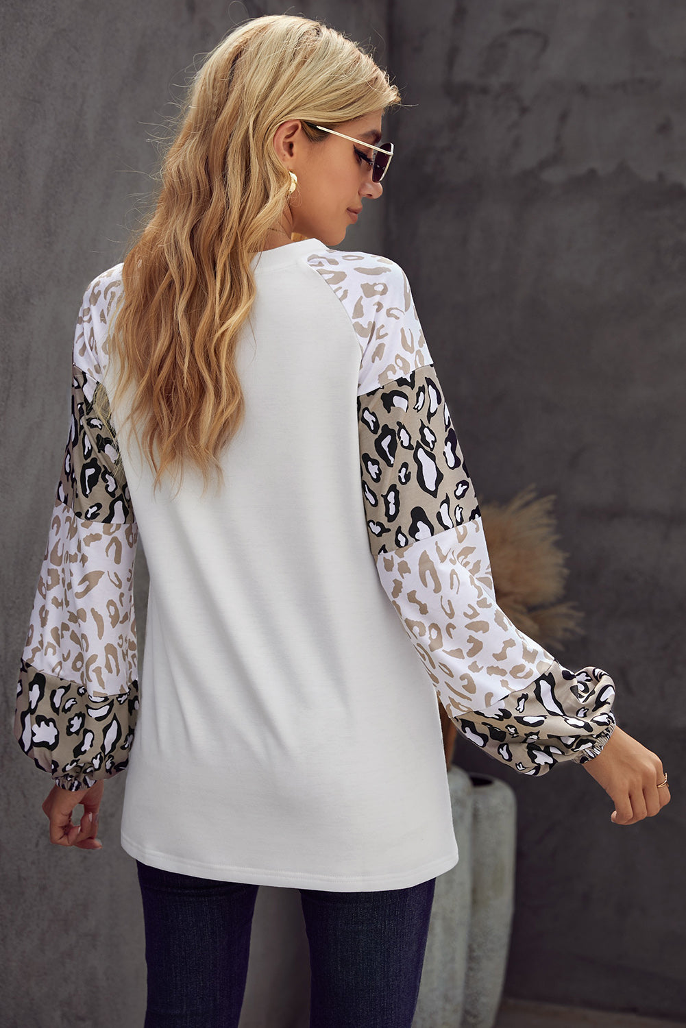 Women's Women Beige Leopard-Print Print Bubble Sleeve Top