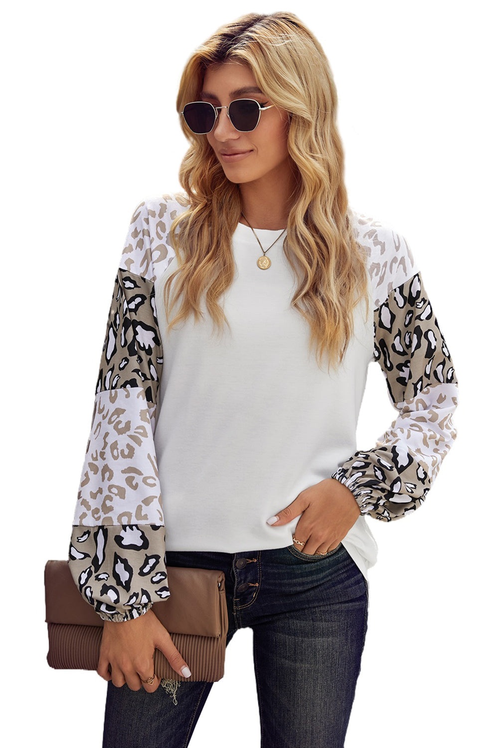 Women's Women Beige Leopard-Print Print Bubble Sleeve Top