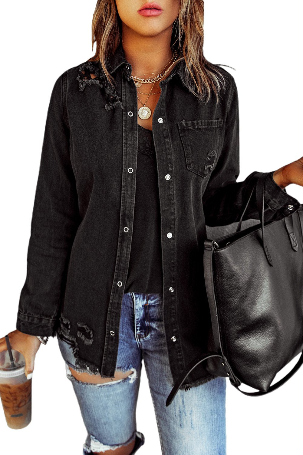 Denim Jacket for Women Black Ripped