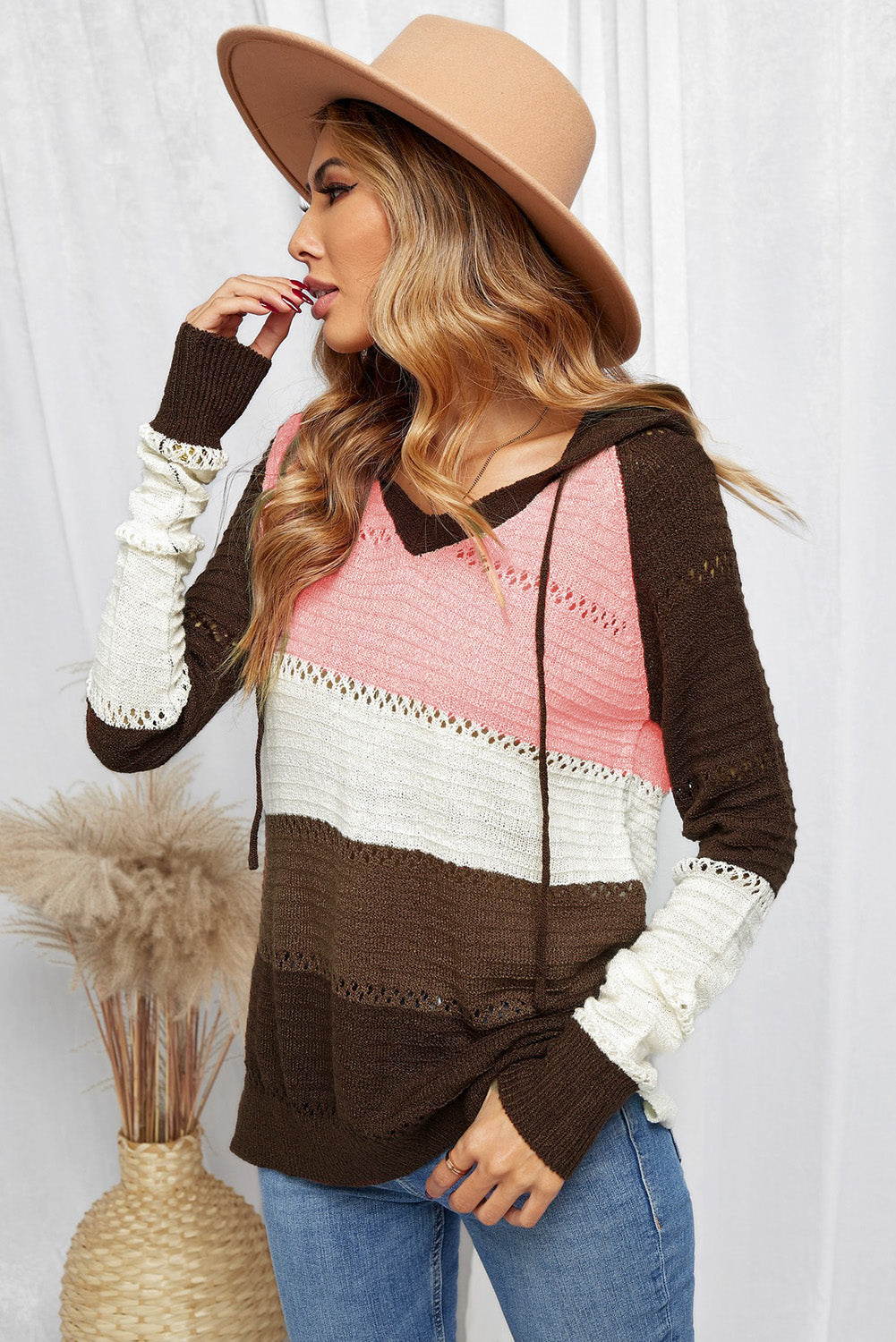 Women's Hoodie with Knitted Women's Brown Beach Bonfire