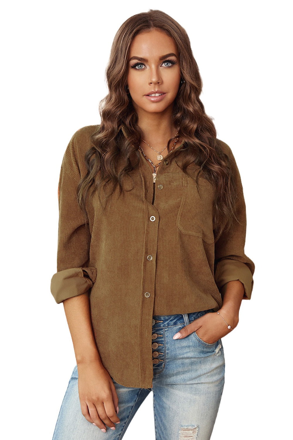 Women's T Shirt with Cord Button Pocke Women's Brown