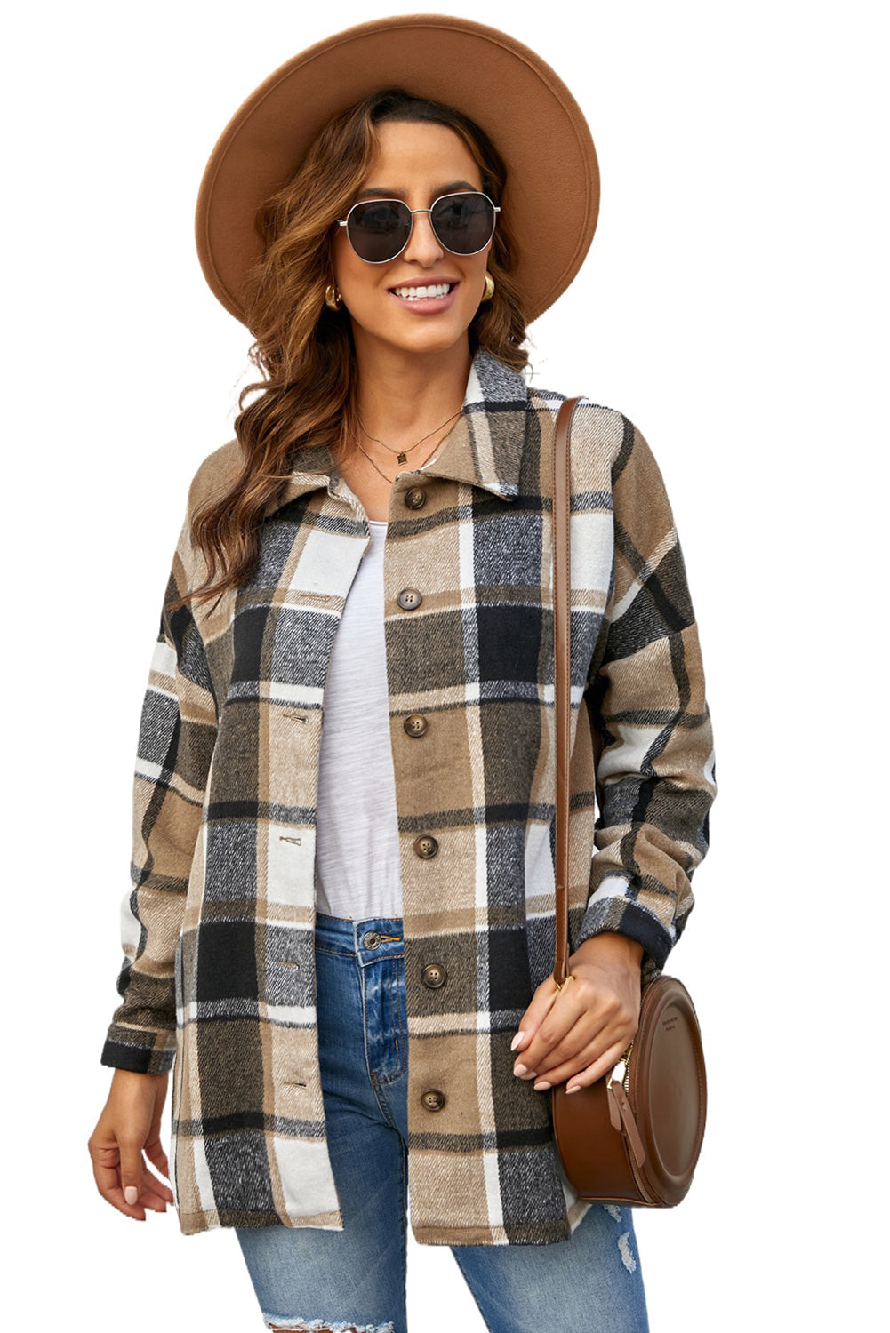 Women's Shirt Jacket Featuring Women's Brown Plaid Print Button-Front