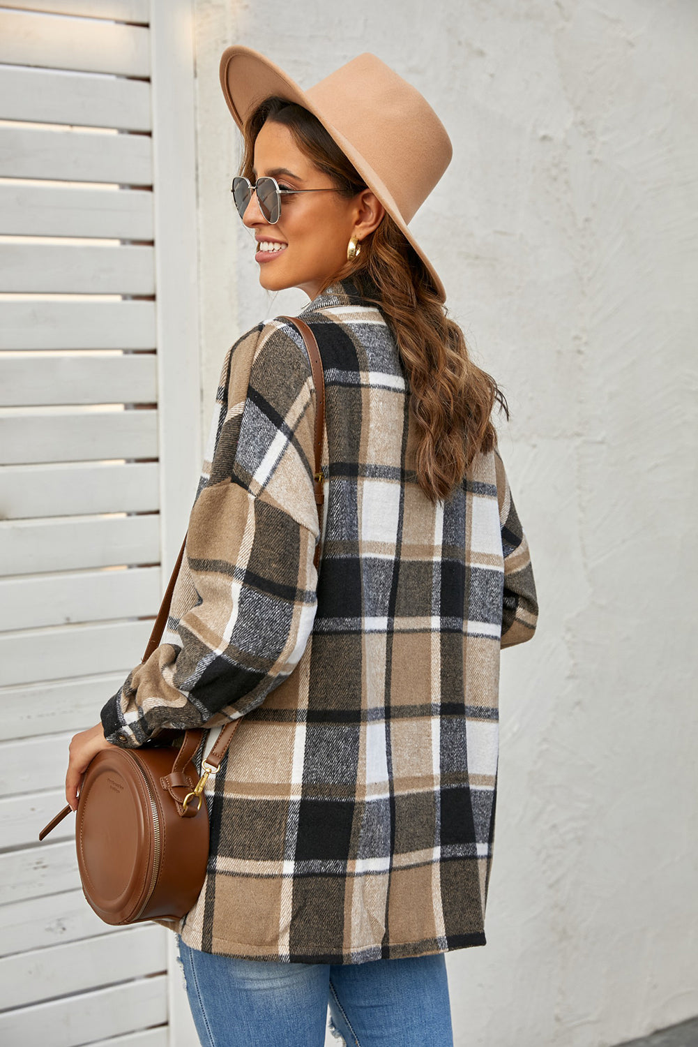 Women's Shirt Jacket Featuring Women's Brown Plaid Print Button-Front