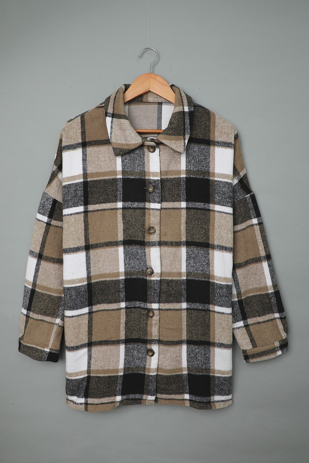 Women's Shirt Jacket Featuring Women's Brown Plaid Print Button-Front