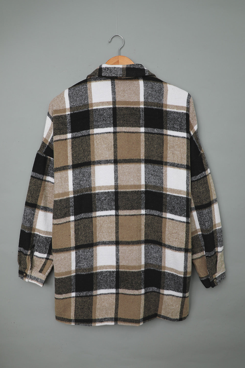 Women's Shirt Jacket Featuring Women's Brown Plaid Print Button-Front