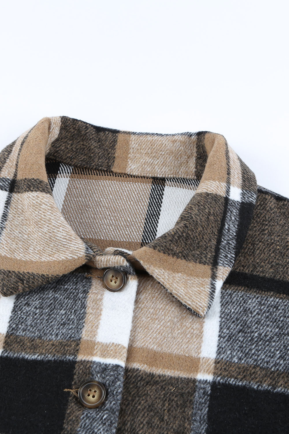 Women's Shirt Jacket Featuring Women's Brown Plaid Print Button-Front