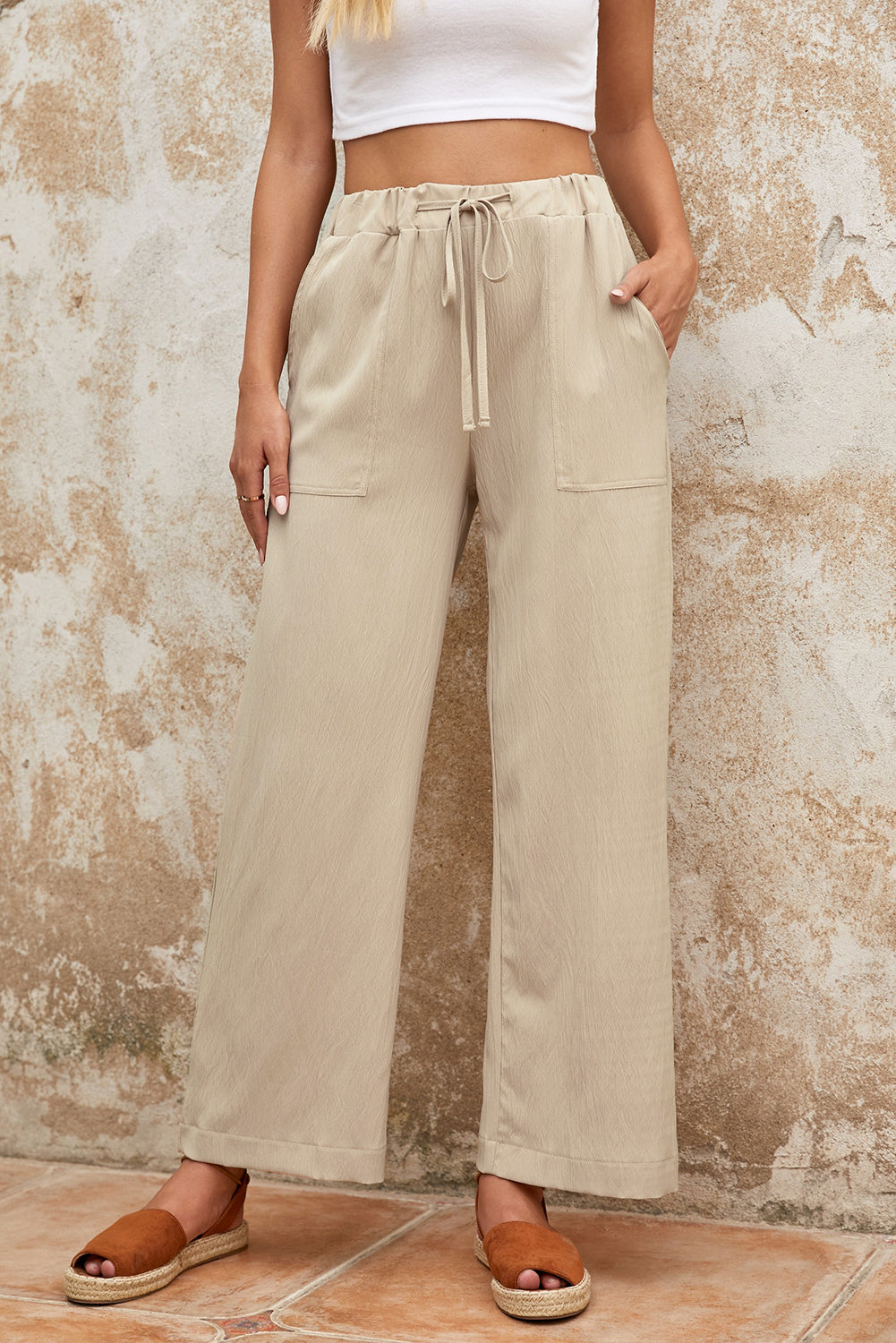 Leg Pants for Women Women's Everyday Khaki Drawcord Waist Crinkled Wide