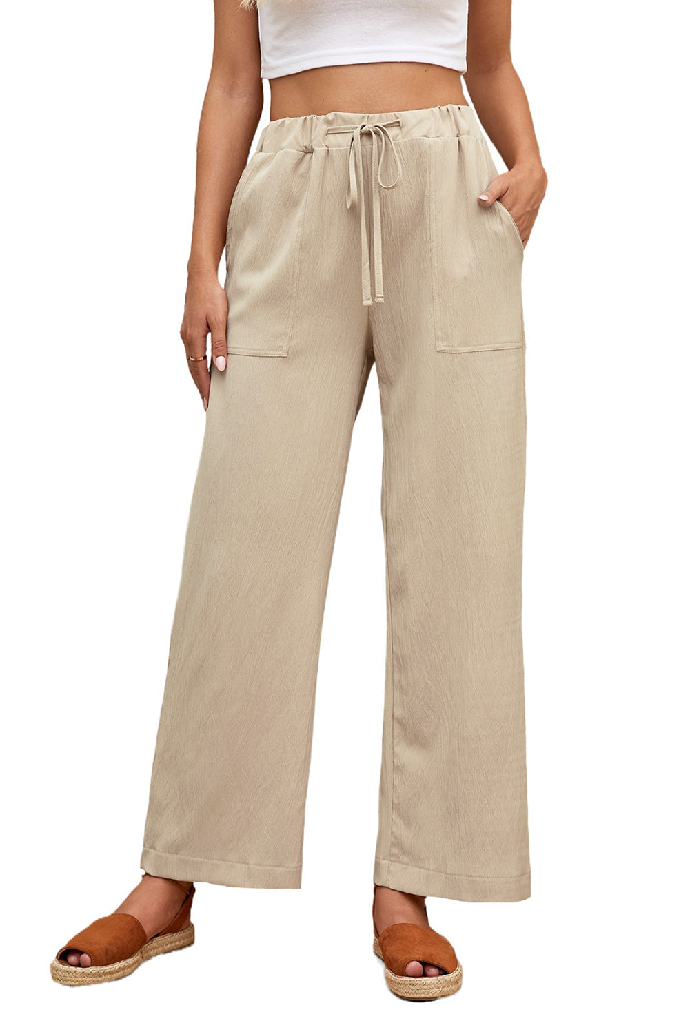 Leg Pants for Women Women's Everyday Khaki Drawcord Waist Crinkled Wide