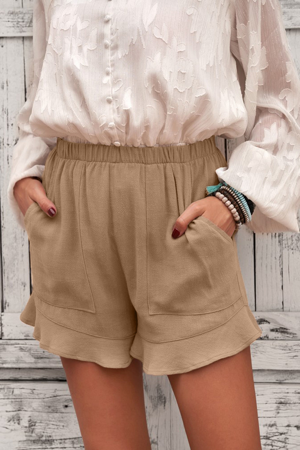 Women's Shorts with Flutter Khaki Linen Cotton Women's Everyday Pocket-Detail