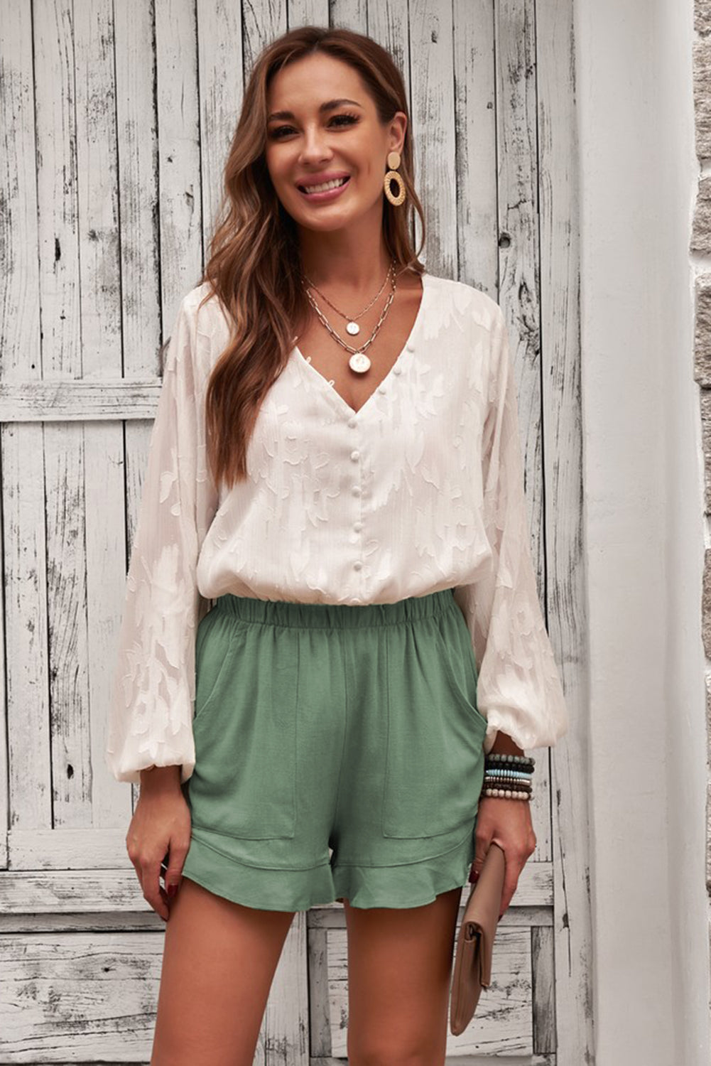 Women's Women's Summer Pocket-Detail Flutter Green Linen Cotton Shorts