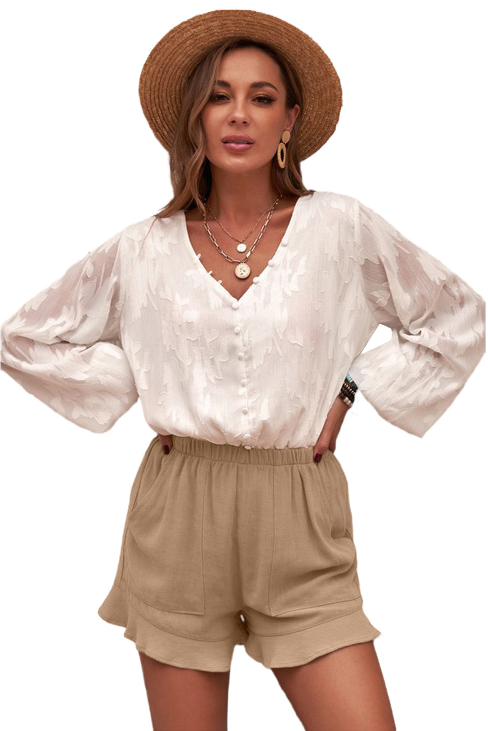 Women's Shorts with Flutter Khaki Linen Cotton Women's Everyday Pocket-Detail