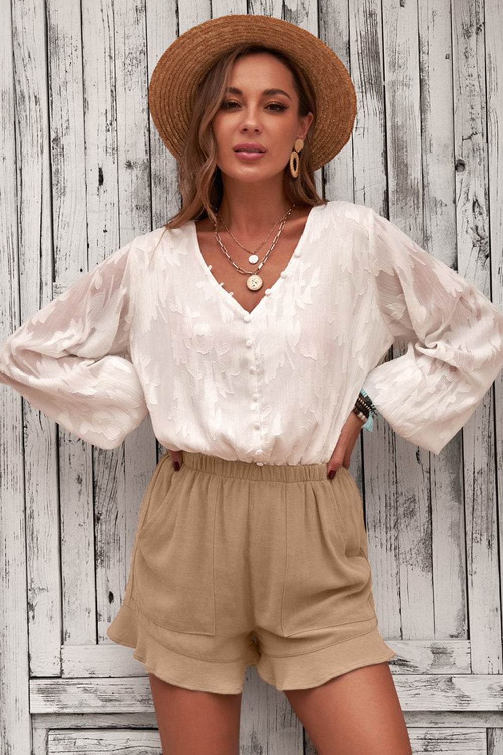 Women's Shorts with Flutter Khaki Linen Cotton Women's Everyday Pocket-Detail
