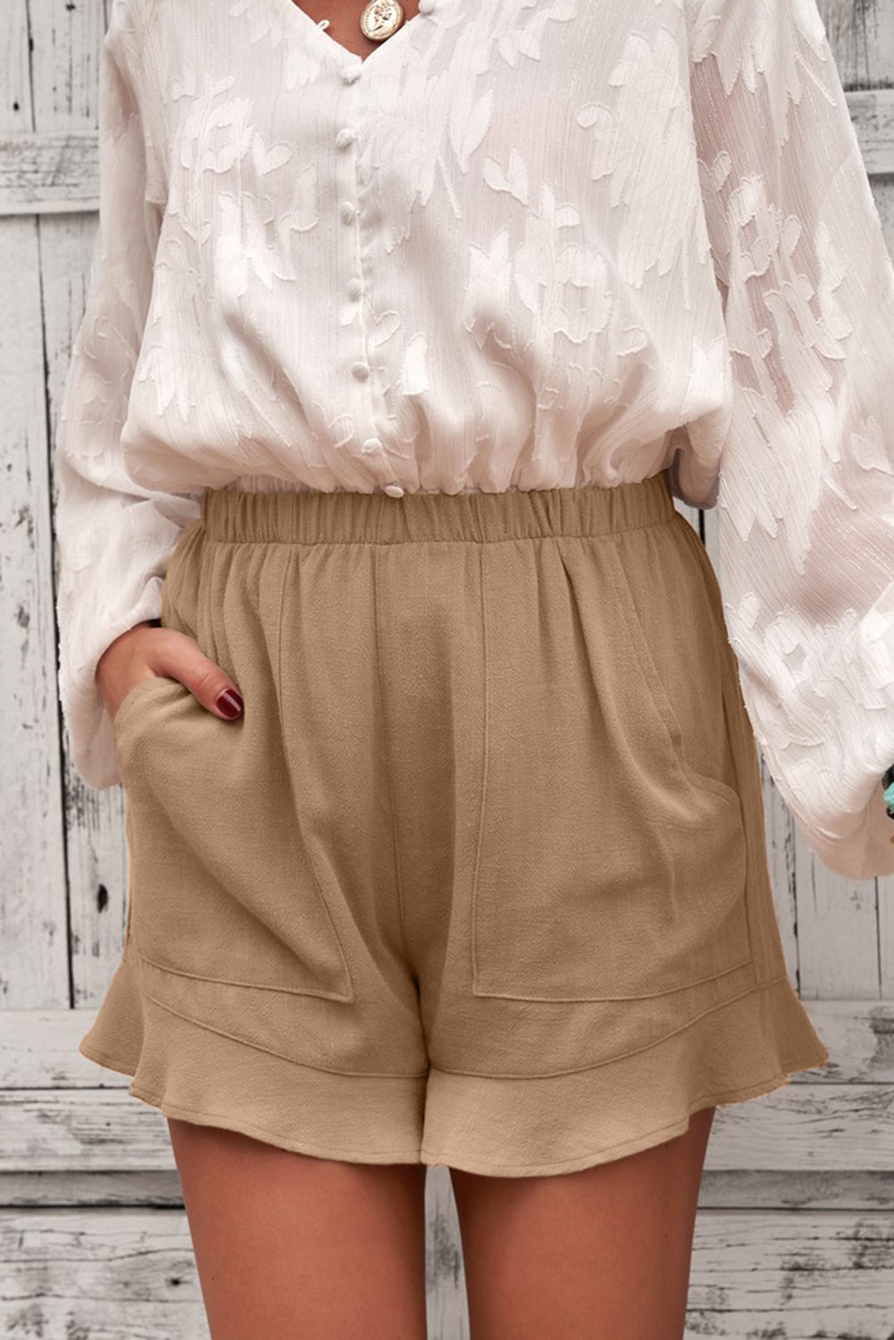 Women's Shorts with Flutter Khaki Linen Cotton Women's Everyday Pocket-Detail