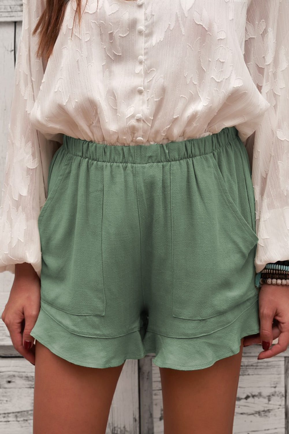 Women's Women's Summer Pocket-Detail Flutter Green Linen Cotton Shorts