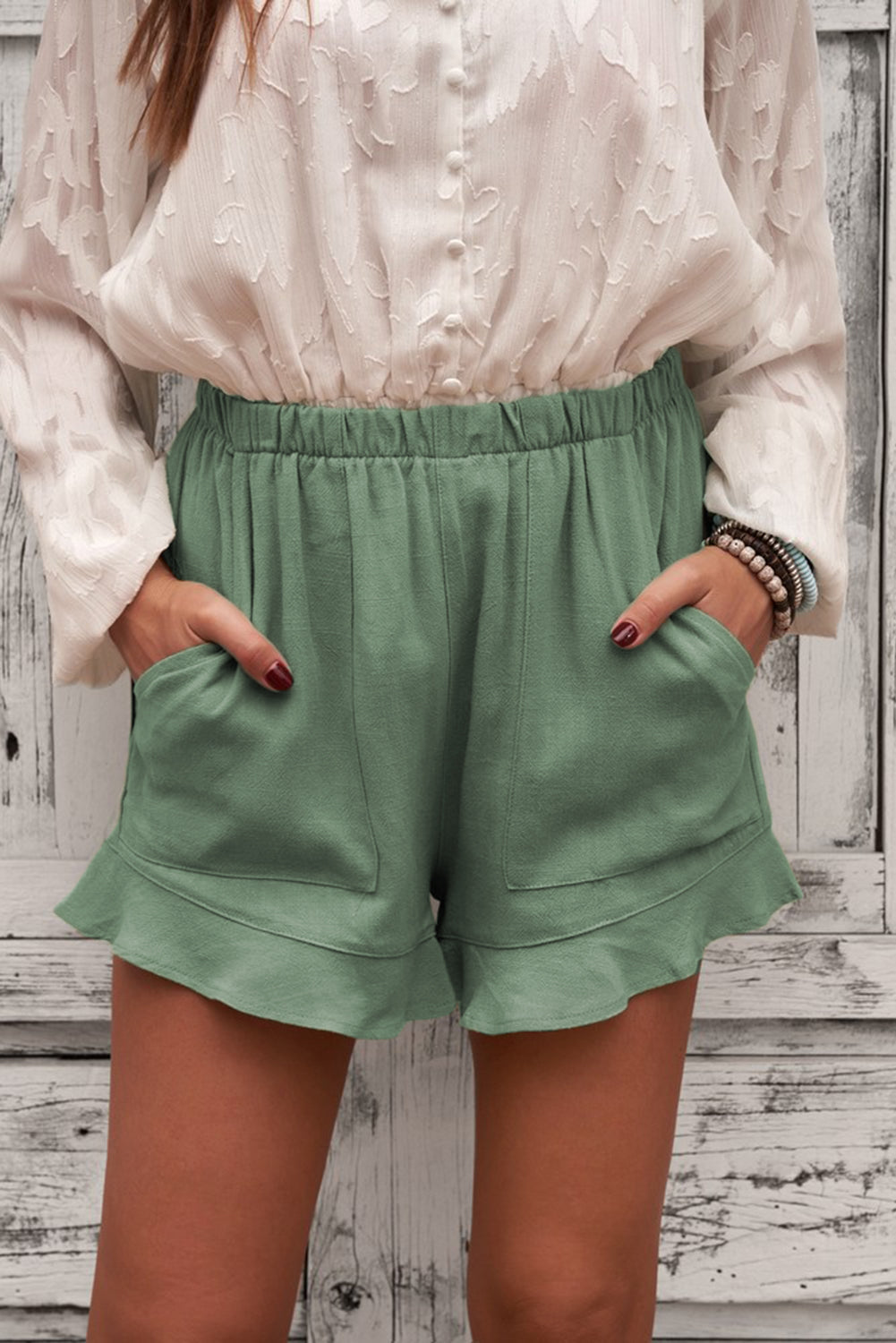 Women's Women's Summer Pocket-Detail Flutter Green Linen Cotton Shorts