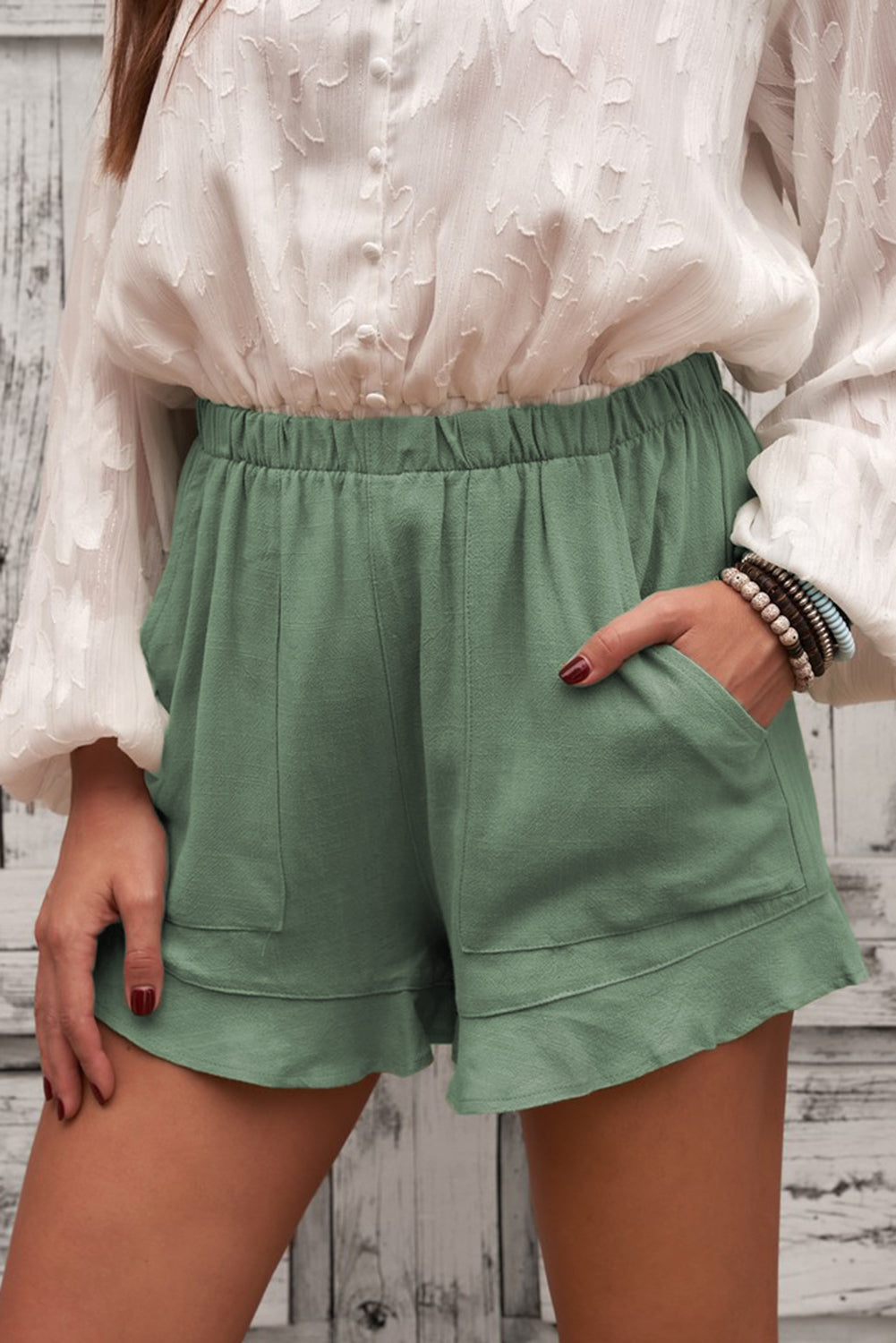 Women's Women's Summer Pocket-Detail Flutter Green Linen Cotton Shorts