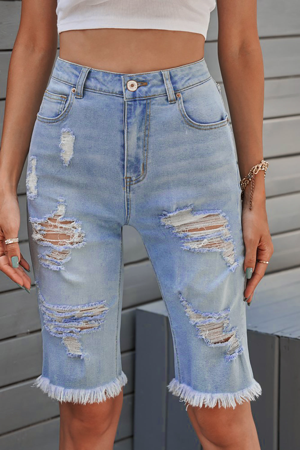 Women's Light Blue Distressed Jeans Bermuda Women's Fashion Shorts
