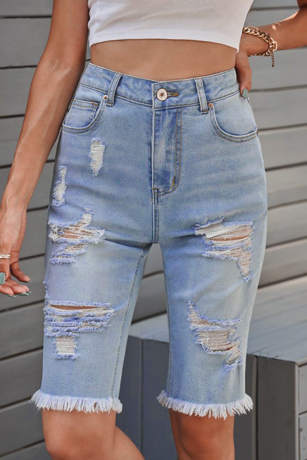 Women's Light Blue Distressed Jeans Bermuda Women's Fashion Shorts
