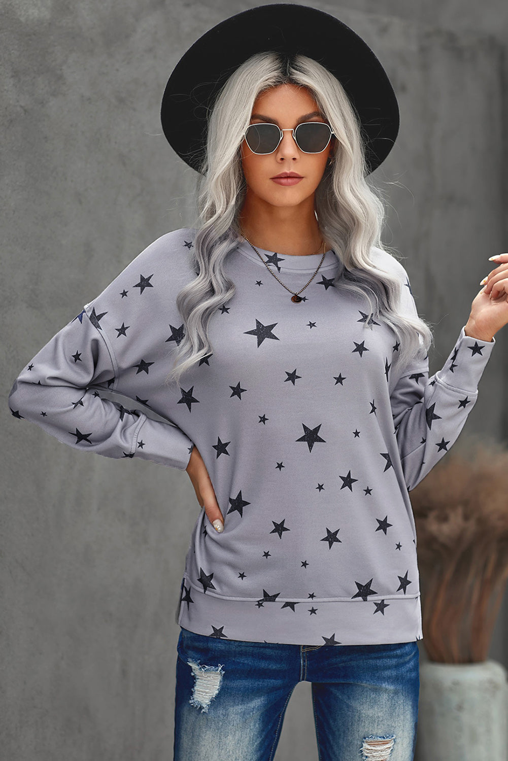 Women's Top Featuring Star Print Everyday Long-Sleeve Women's Gray Round Neck