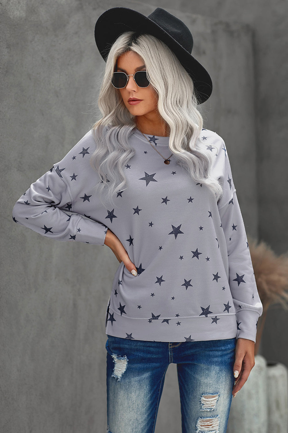 Women's Top Featuring Star Print Everyday Long-Sleeve Women's Gray Round Neck